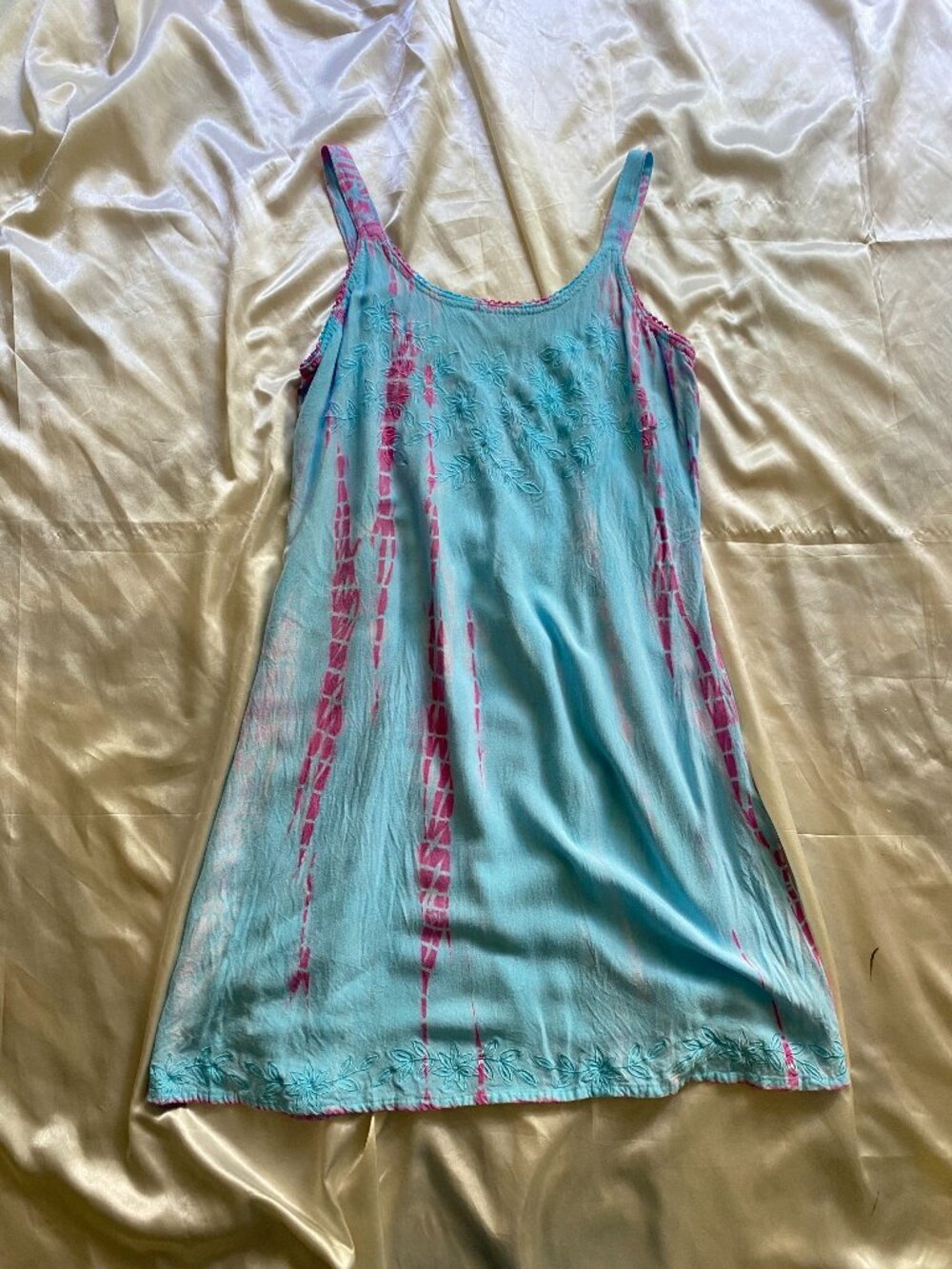 Vintage y2k Raya Sun Pastel Blue & Pink Tie Dye Embroidered Boho Dress S Hippie